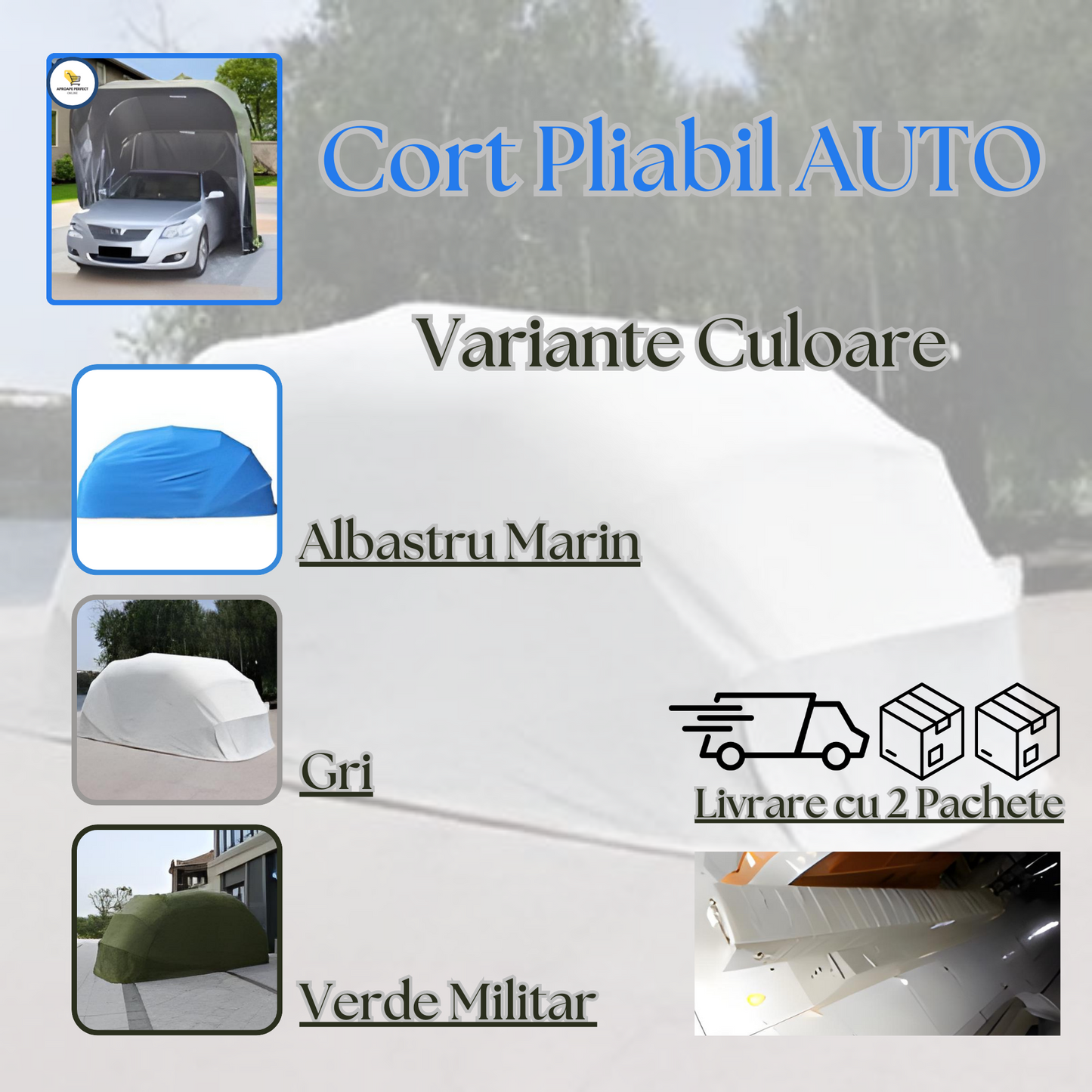 Cort Pliabil Auto,3 variante de culoare,1-albastru marin,2-gri,3-verde militar,cortul este livrat in 2 2 pachete