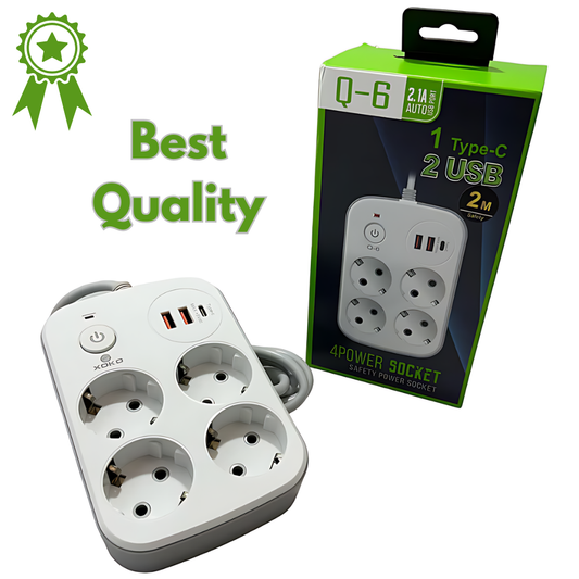 Prelungitor multifunctional cu 4 prize, 1.8 m, 2xUSB, 1 port Type-C PD, intrerupator, Alb - Gri