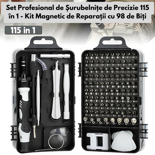 Set Profesional de Șurubelnițe de Precizie 115 în 1 - Kit Magnetic de Reparații cu 98 de Biți