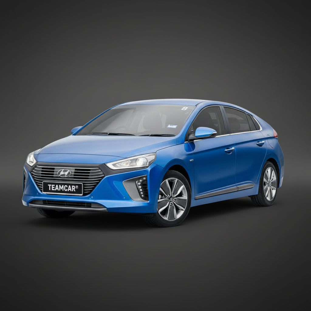 Blue Hyundai car on a light gray background