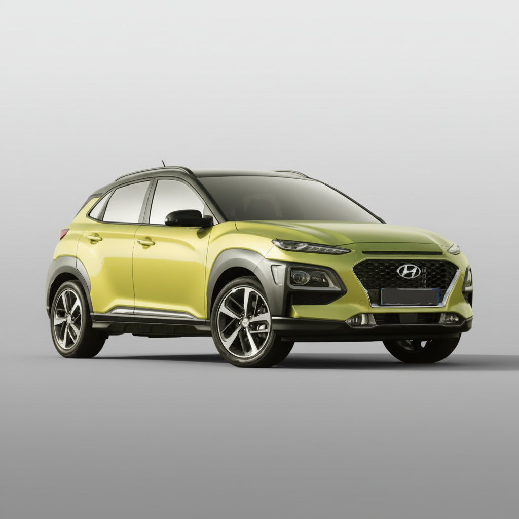 Yellow Hyundai Kona SUV on a green background