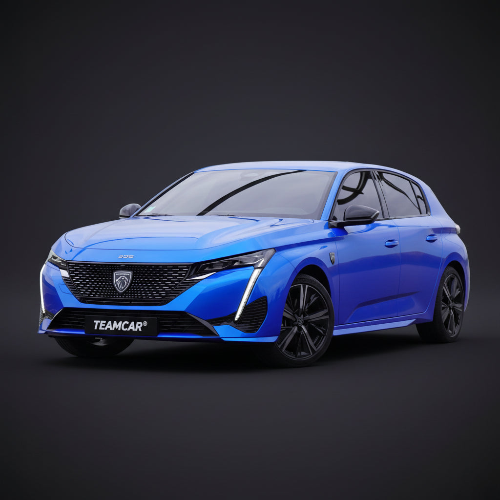 Blue car with 'TEAMCAR' branding on a dark background