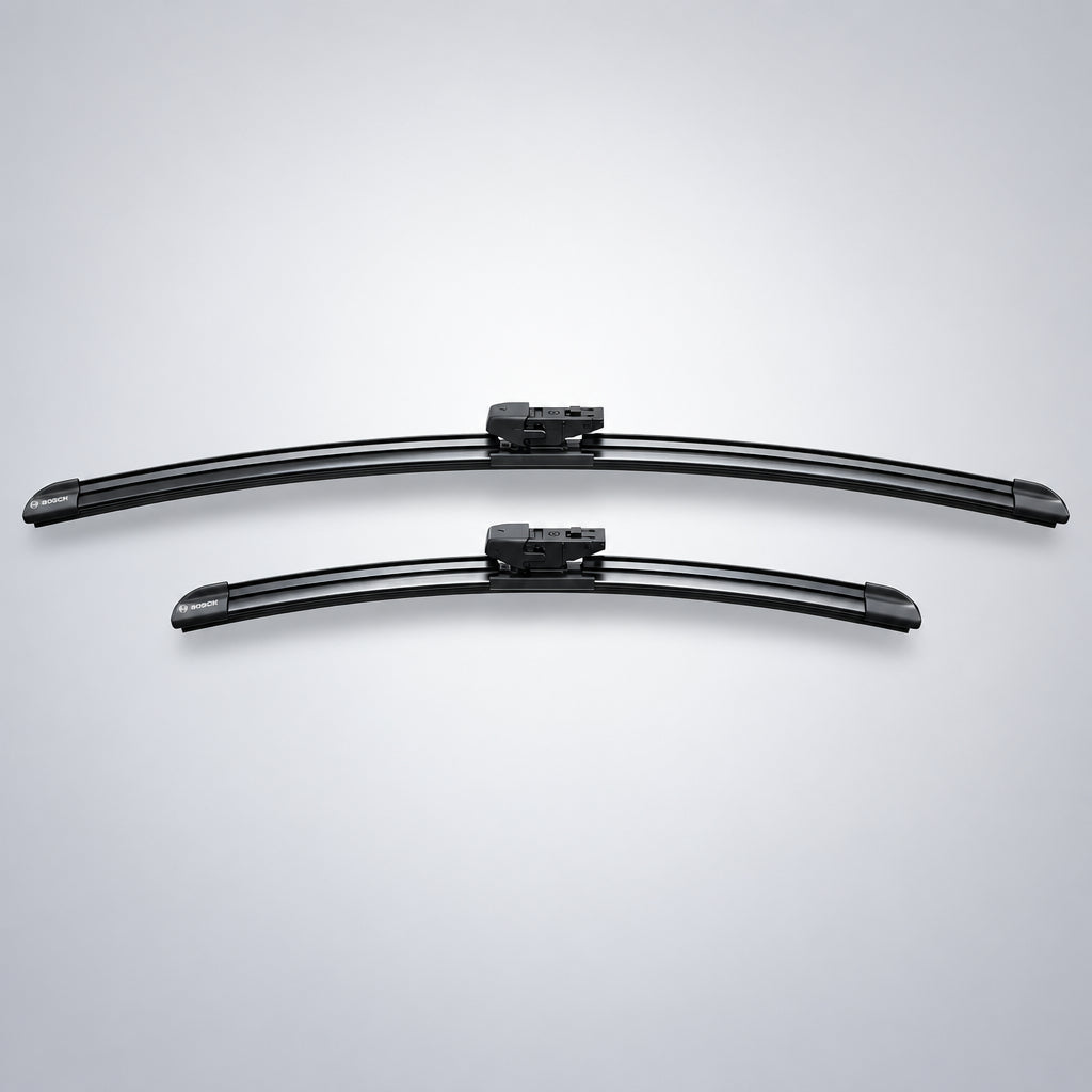 Două lamele plate Bosch Aerotwin A156S, vedere frontală cu profil curbat