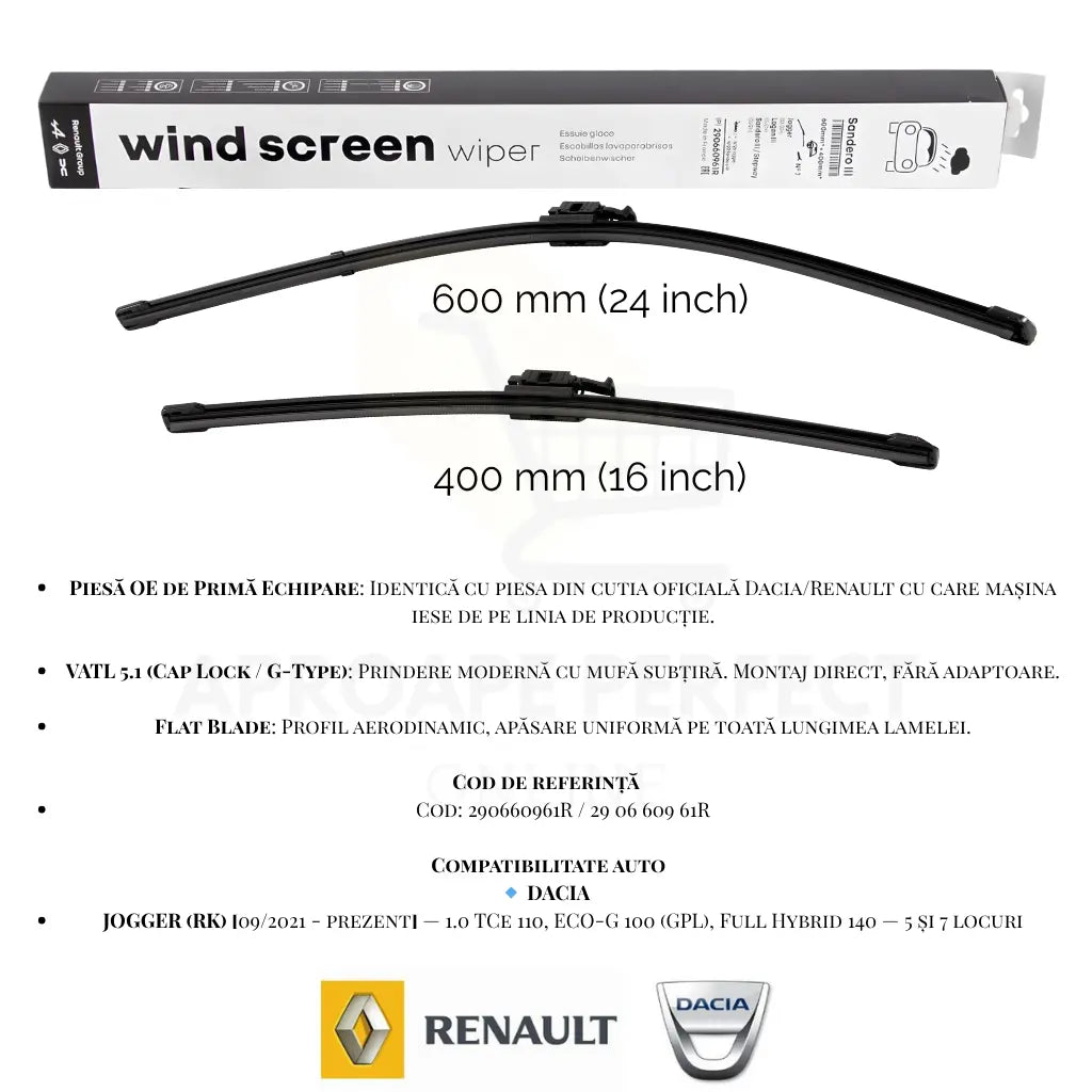 Dimensiuni și caracteristici set de ștergătoare oe renault 290660961R