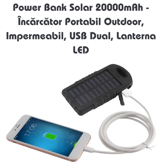 Power Bank Solar 12800 mAh - Încărcător Portabil Outdoor, Impermeabil, USB Dual, Lanterna LED