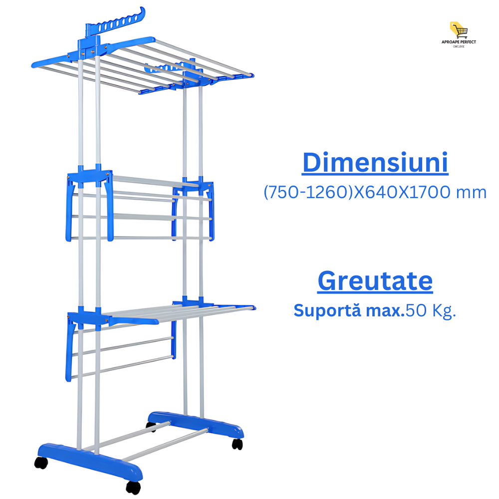 Uscător de rufe LaundryFlex Albastru - Suport pentru uscare cu spațiu suplimentar și role