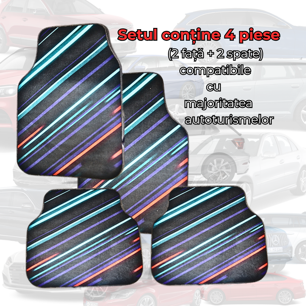 DECOMAT universal car mats – set of 4 washable, non-slip, futuristic "Neon Stripes" design