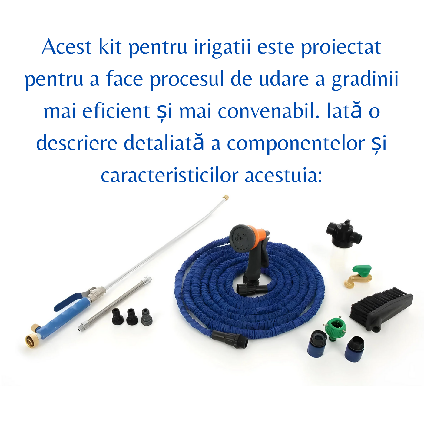 Kit pentru irigatii cu furtun pentru gradina, extensibil 19 mm, 5-15 m + cuple + pistol de stropit + perie