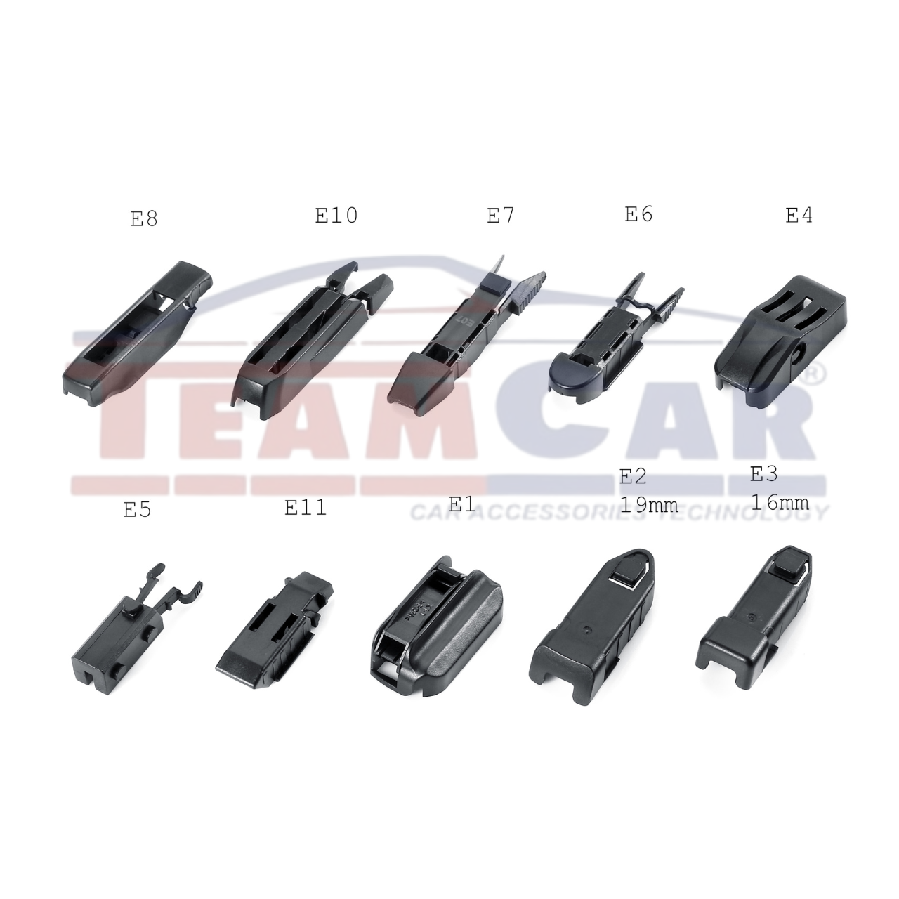 Set of car accessories with measurements and 'Team Car' branding on a white background