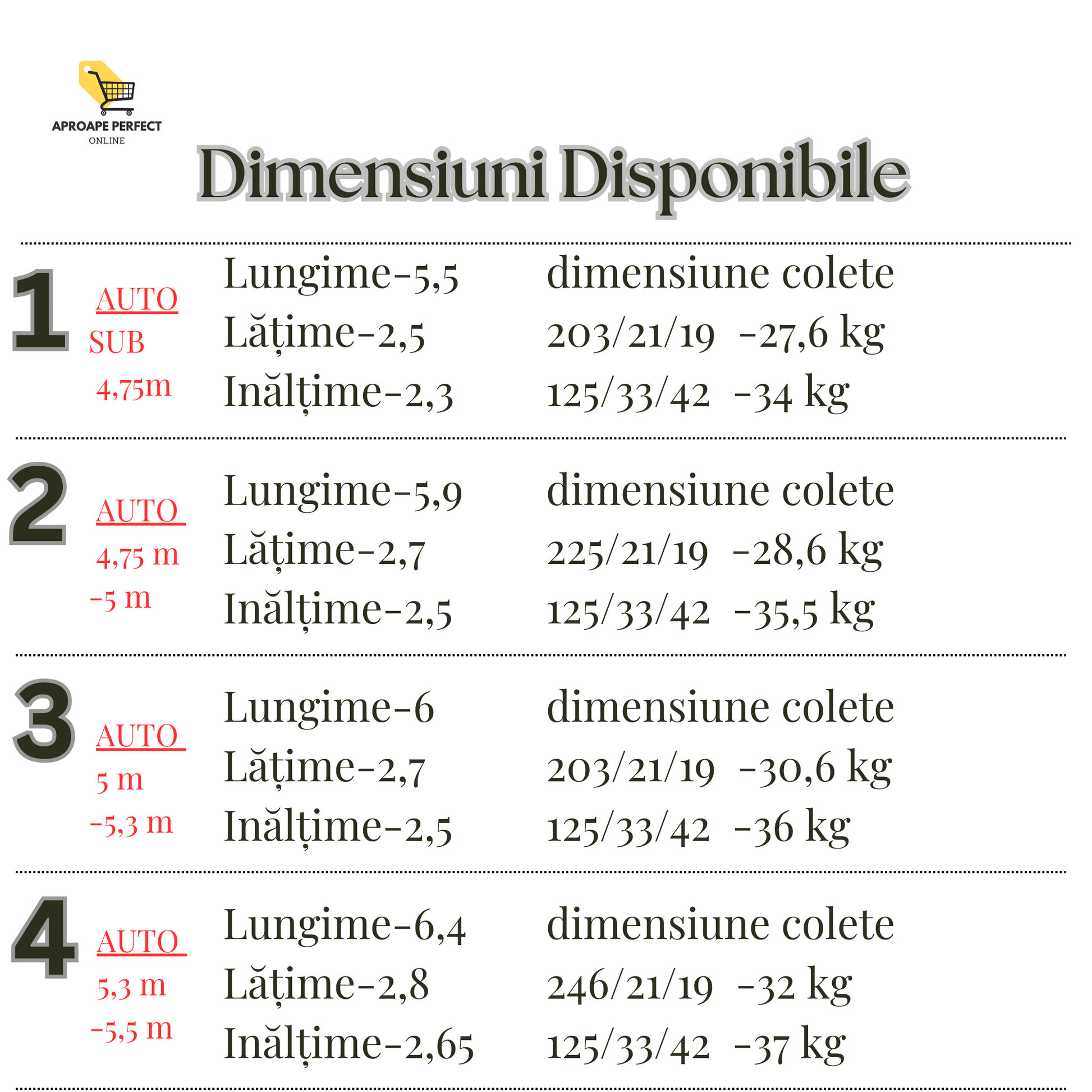 cele 4 dimensiuni disponibile pentru cort auto