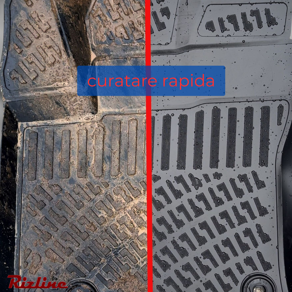 Comparație între un covoraș de scurgere murdar și unul curat cu textul „curatare rapida” și sigla Rizline.
