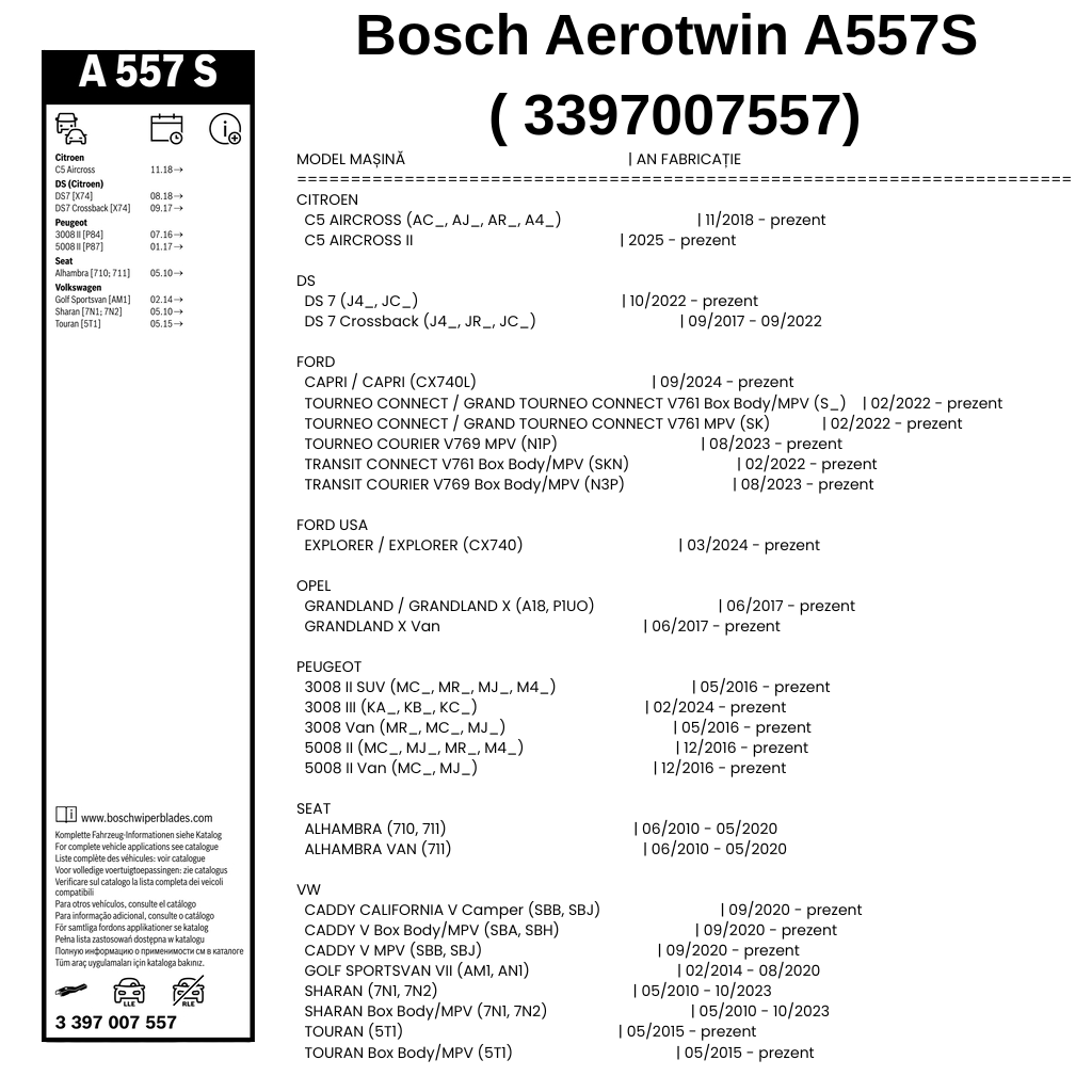Imagine informativă Bosch Aerotwin A557S cu ambalaj și listă de modele auto