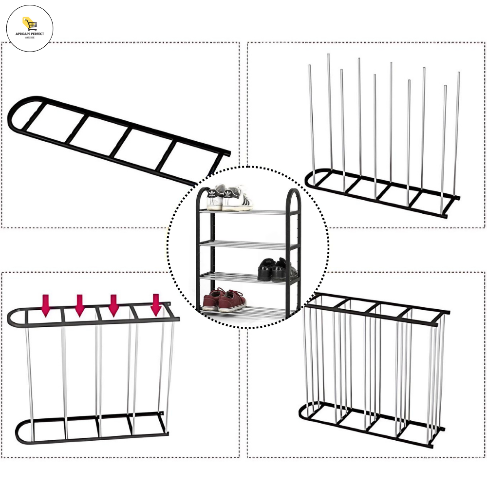 Raft de Pantofi Living, 4 Niveluri, pentru 8 Perechi, Metal Cromat Negru, Suport Organizator Pantofi Modern