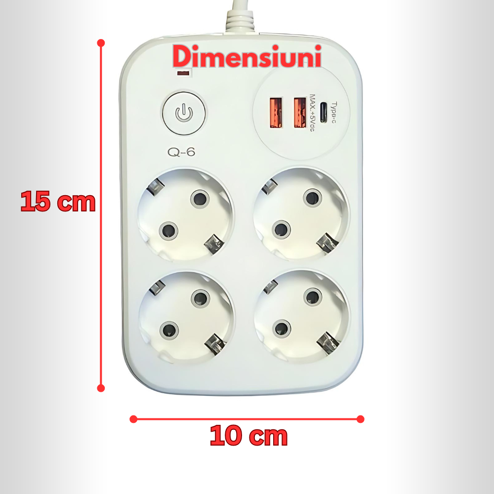 Prelungitor multifunctional cu 4 prize, 1.8 m, 2xUSB, 1 port Type-C PD, intrerupator, Alb - Gri