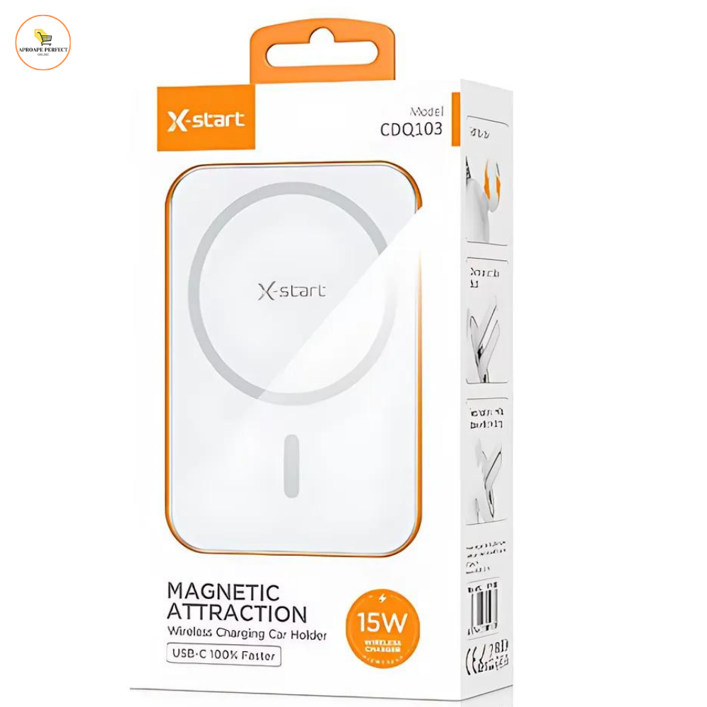 Suport Auto cu Încărcare Wireless X-Start, Încărcare Magnetică, 15W, Alb, Montaj Grilă Ventilație, USB-C