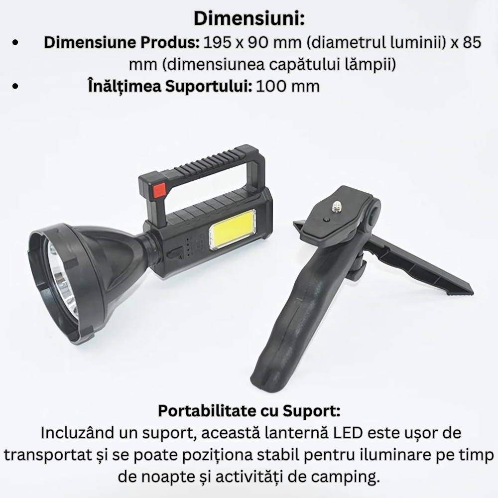 Lanternă LED COB Portabilă cu Suport și Încărcare USB