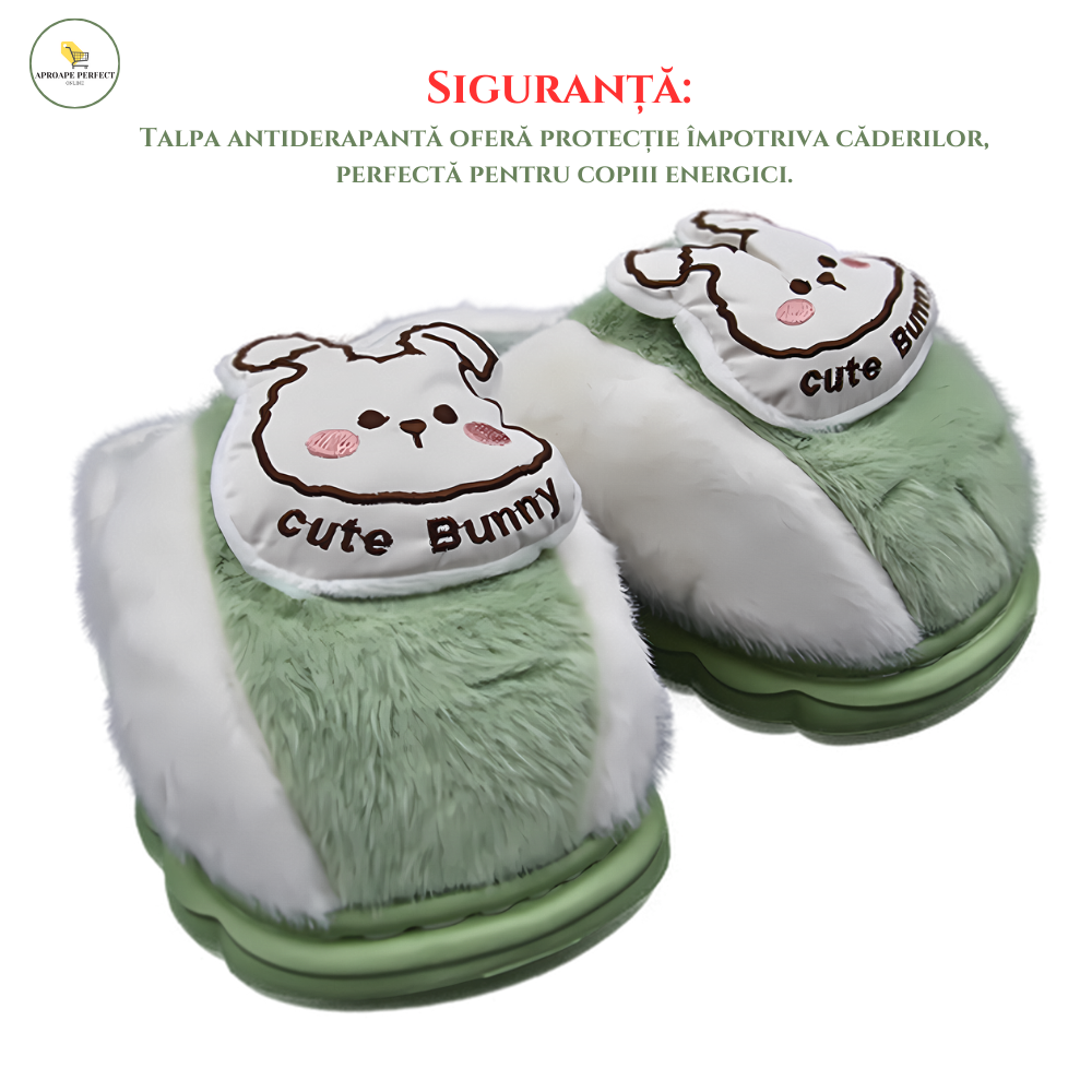 Papuci de Casă Pufosi și Călduroși pentru Copii - Model CuteBear (Verde)