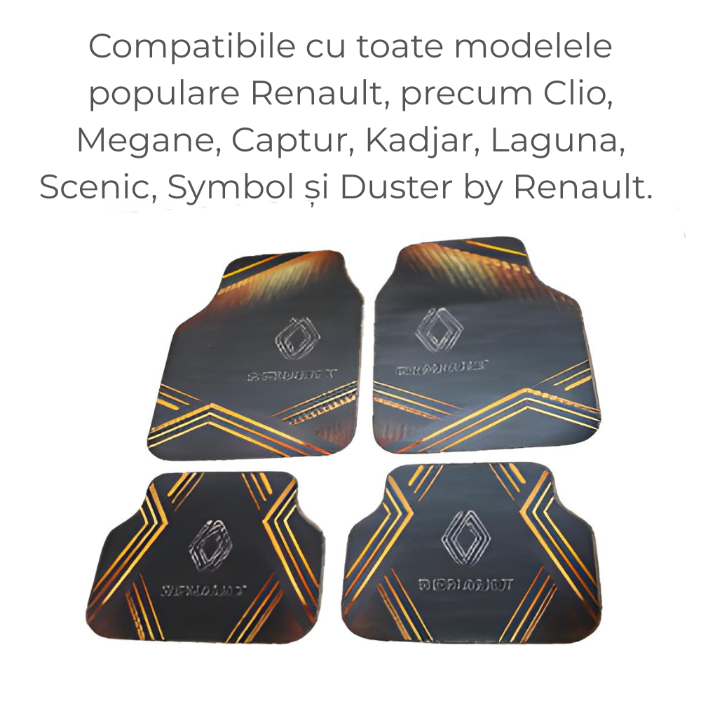 Set complet covorase auto universale Renault – Fata si spate – Design negru-portocaliu cu logo