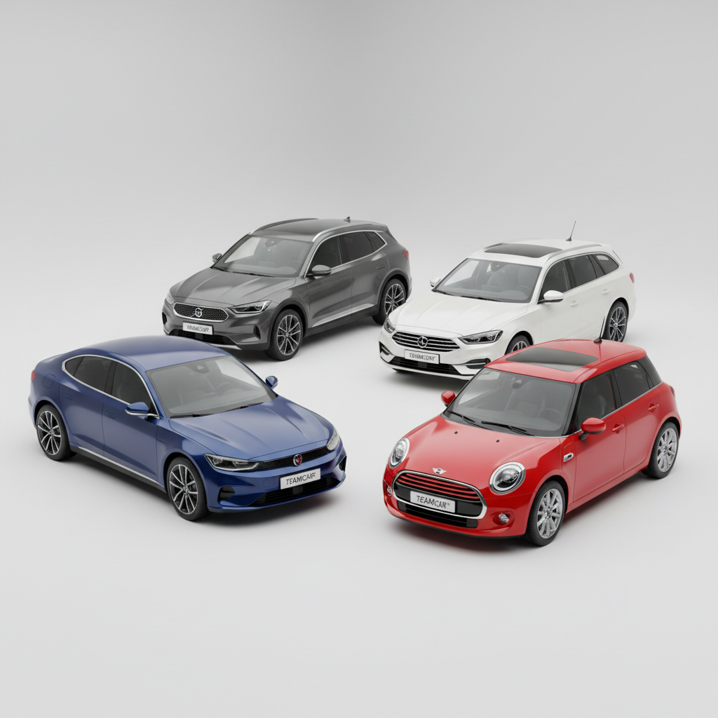 Patru mașini (sedan albastru, SUV gri, break alb, hatchback roșu) pe un fundal gri deschis