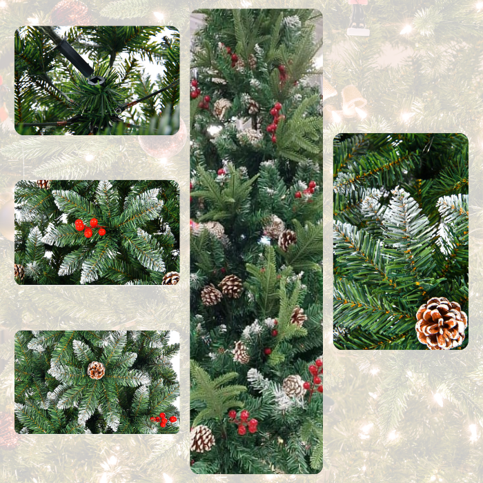 Brad Artificial de Crăciun 1.8m cu Nisip Alb, Conuri, Bace Roșii și Suport Metalic + Bec RGB Rotativ Cadou