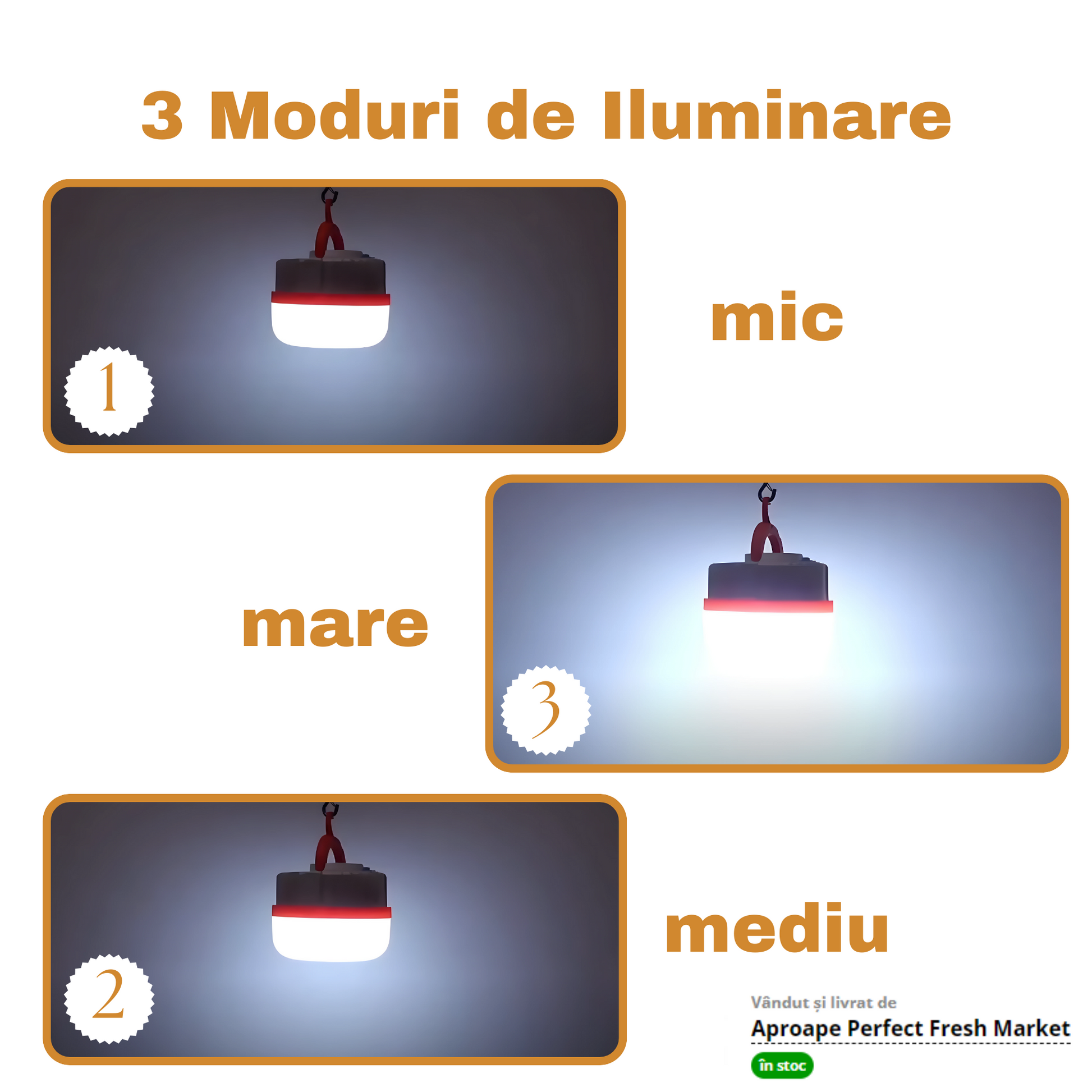 Lampa portabilă led are 3 moduri de iluminare.