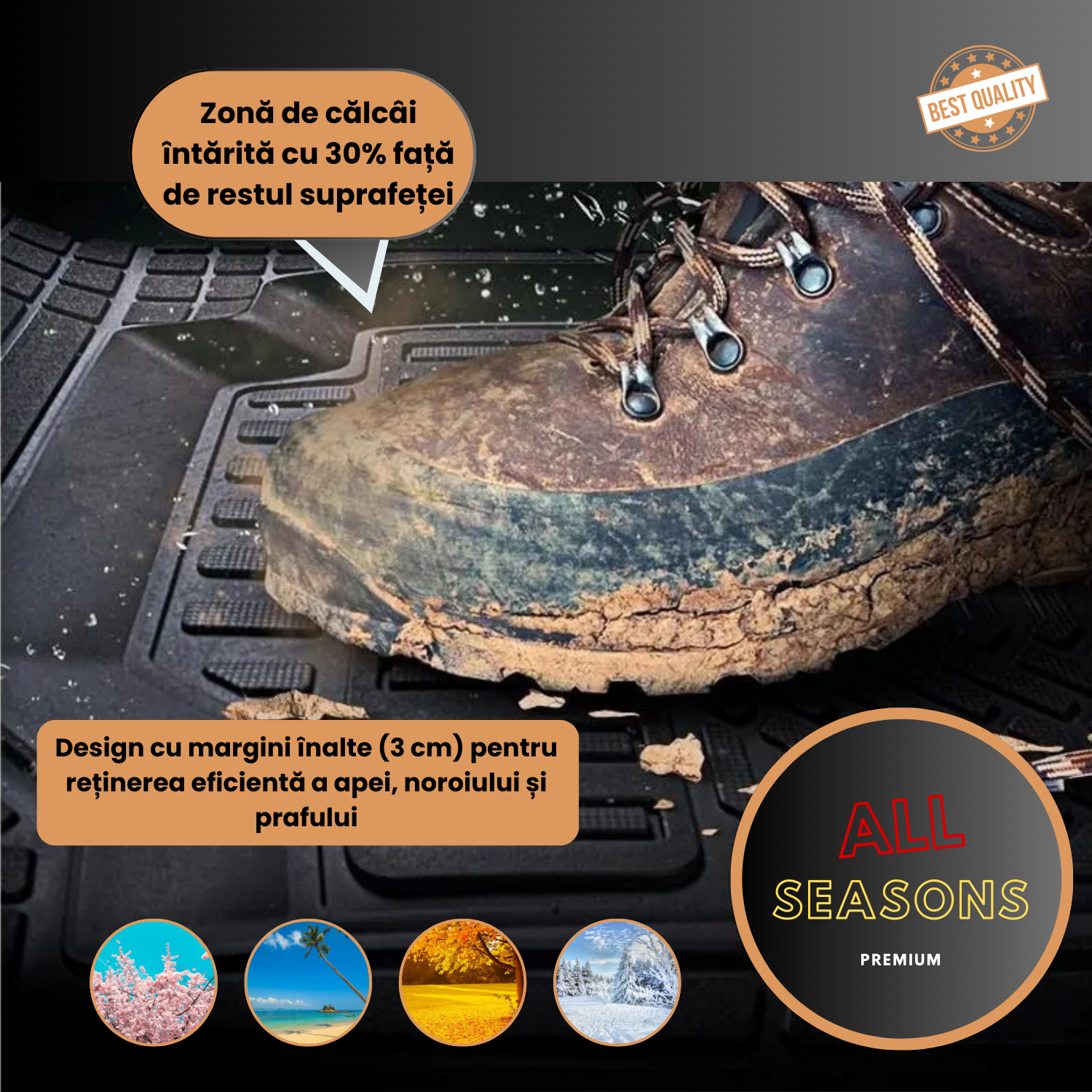 Muddy boot on a textured surface with text and branding elements.