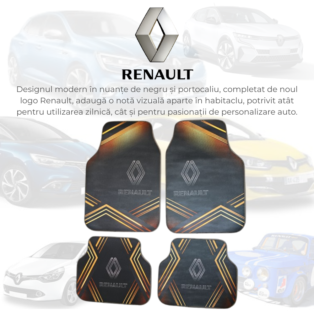 Set complet covorase auto universale Renault – Fata si spate – Design negru-portocaliu cu logo