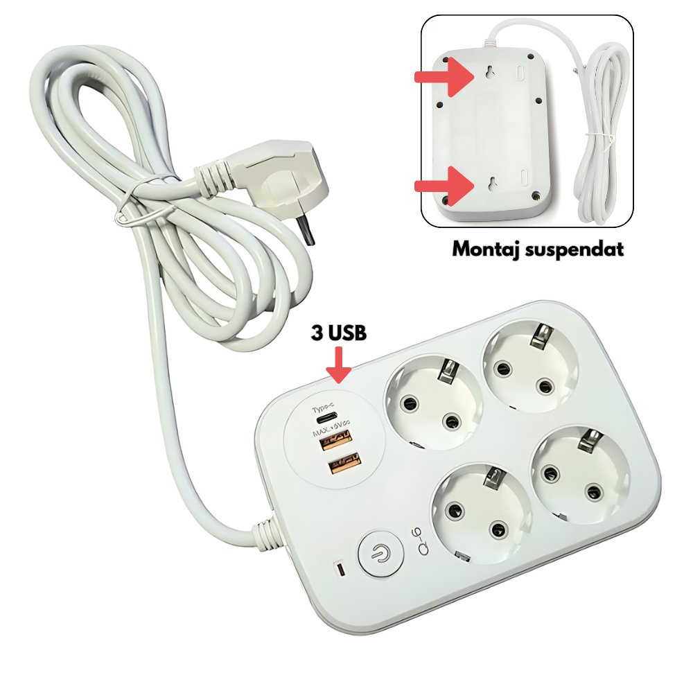 Prelungitor multifunctional cu 4 prize, 1.8 m, 2xUSB, 1 port Type-C PD, intrerupator, Alb - Gri