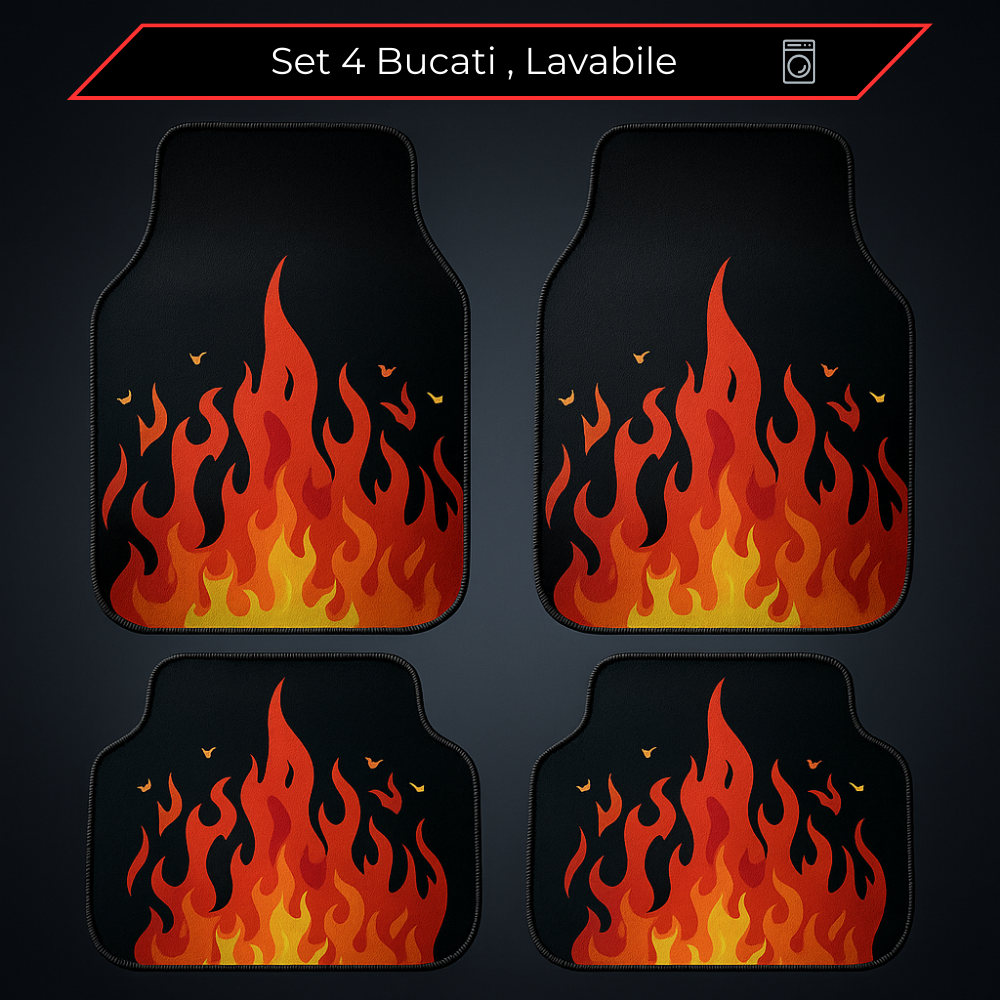 Covorașe auto universale DECOMAT 3D – set 4 bucăți cu imprimeu flăcări, lavabile, antiderapante