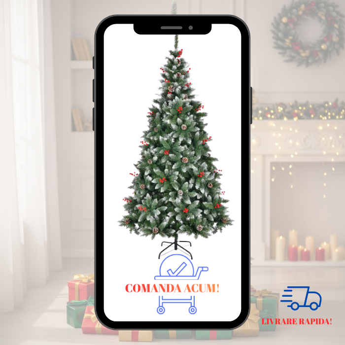 Brad Artificial de Crăciun 1.8m cu Nisip Alb, Conuri, Bace Roșii și Suport Metalic + Bec RGB Rotativ Cadou