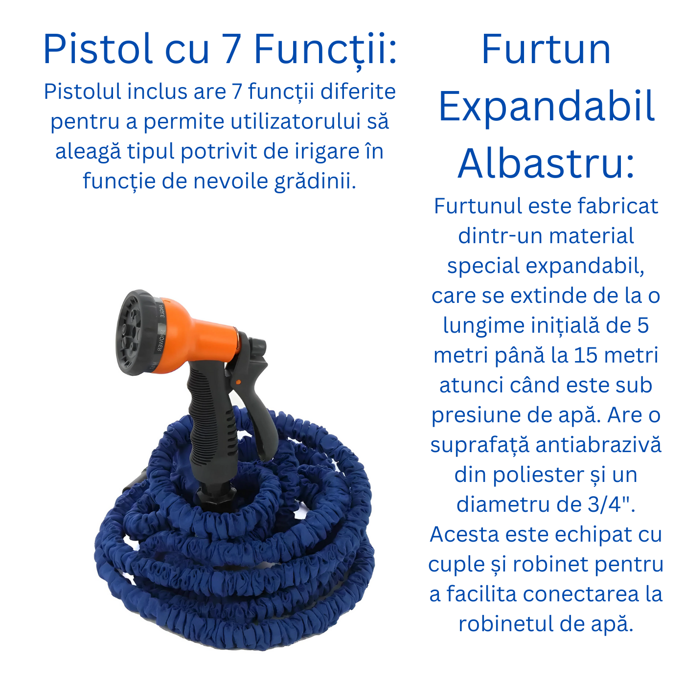 Kit pentru irigatii cu furtun pentru gradina, extensibil 19 mm, 5-15 m + cuple + pistol de stropit + perie