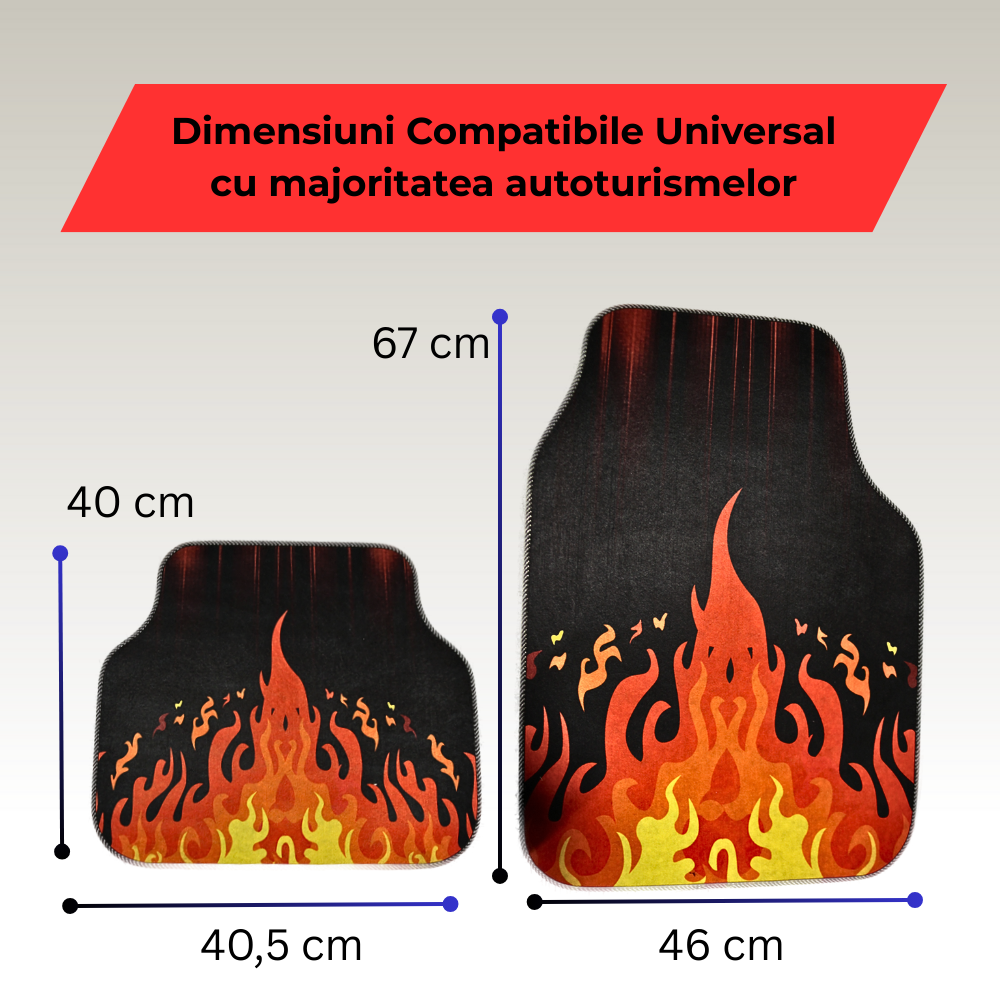 Covorașe auto universale DECOMAT 3D – set 4 bucăți cu imprimeu flăcări, lavabile, antiderapante