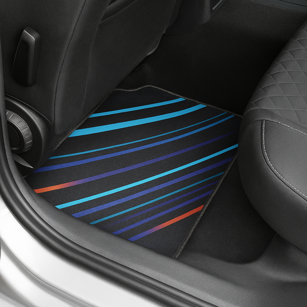 DECOMAT universal car mats – set of 4 washable, non-slip, futuristic "Neon Stripes" design