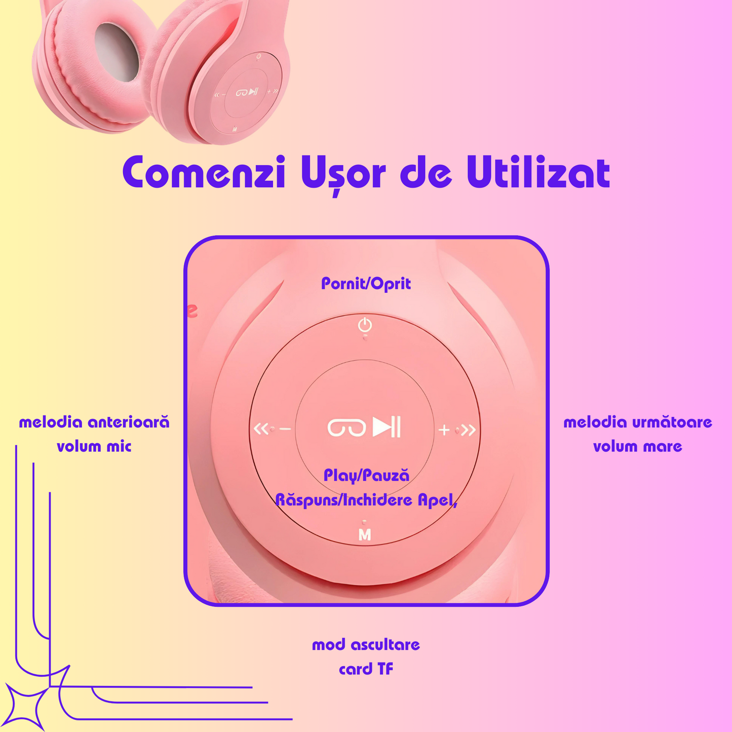 Căști Wireless cu Formă de Urechi de Pisică și Lumină Sclipitoare,Sunet Stereo Bass pentru Copii și Adulți