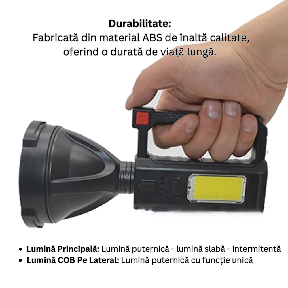 Lanternă LED COB Portabilă cu Suport și Încărcare USB