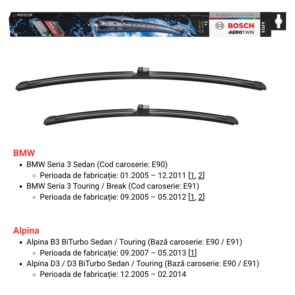 Set ștergătoare Bosch Aerotwin A072S 600 și 475 mm