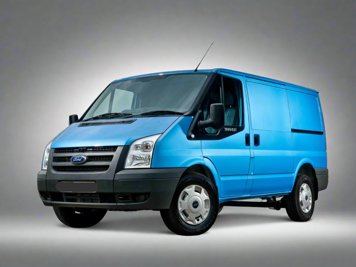 Blue Ford van on a gray background
