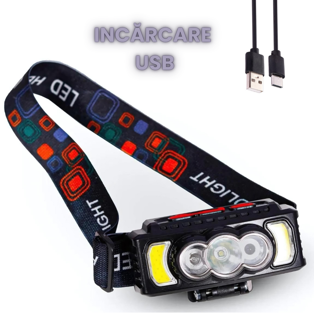 Lanternă frontală HX-810 cu 5 LED-uri extra puternice și 7 moduri de iluminare, LED COB roșu, acumulator reîncărcabil