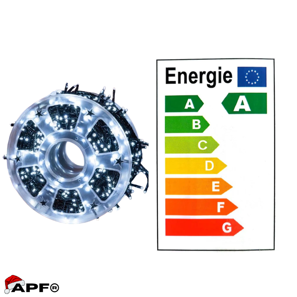 Decorative light string with an energy label on a white background