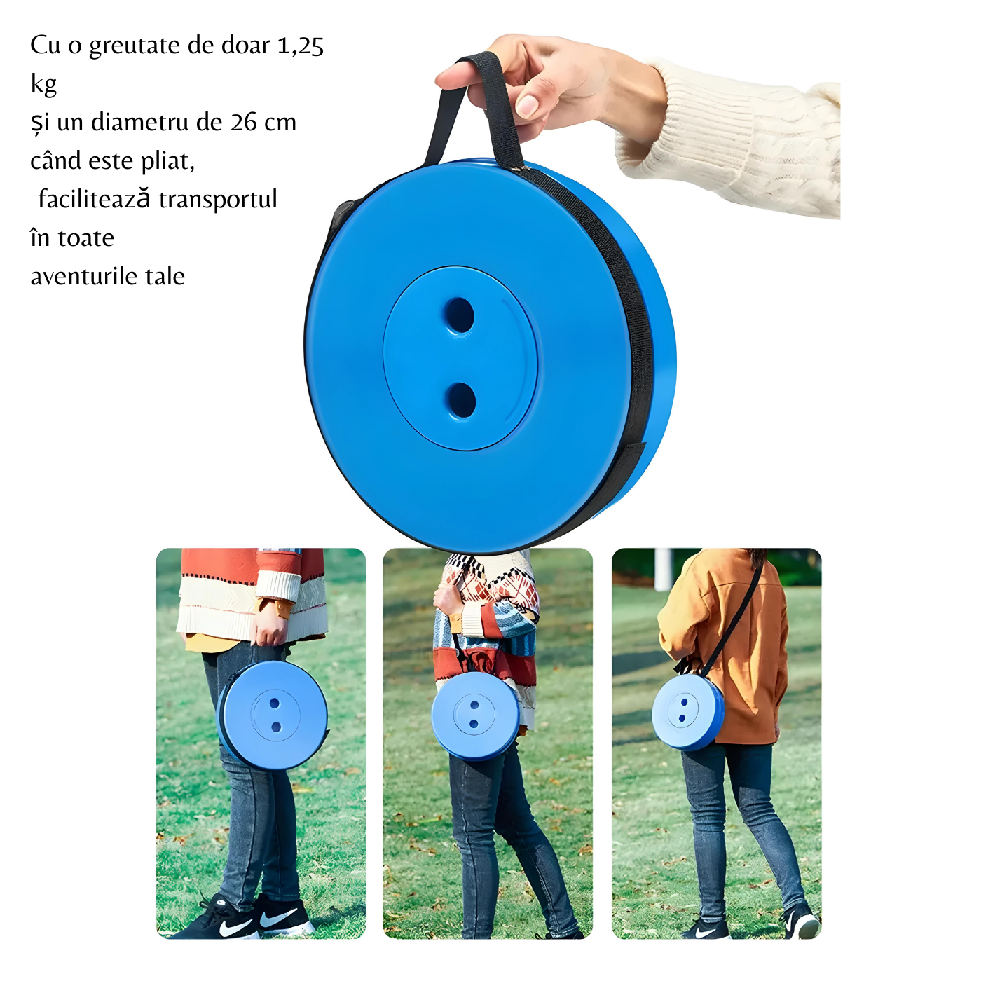 scaunul pliant poate fi transportat usor,are doar 1,25 kg și diametru de 26 cm!