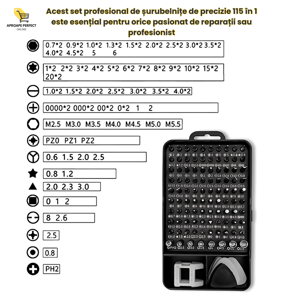 Set Profesional de Șurubelnițe de Precizie 115 în 1 - Kit Magnetic de Reparații cu 98 de Biți