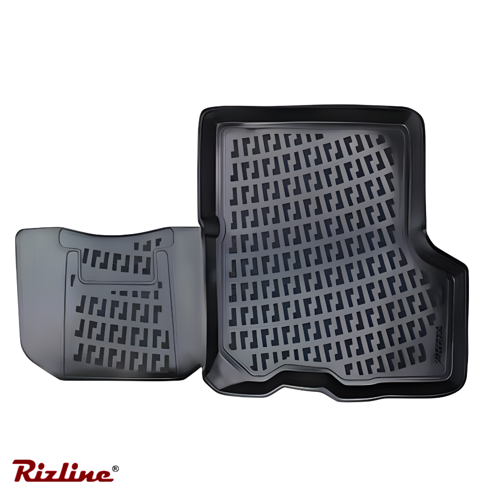 Covorașe auto gri cu model texturat pe fundal alb, cu marca Rizline.