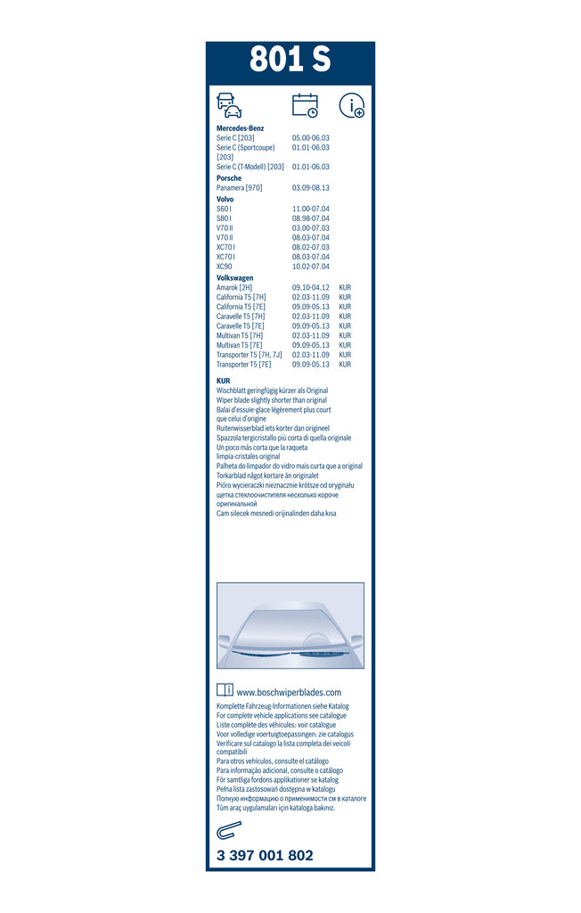 Spatele ambalajului Bosch Twin 801S, cu compatibilități și codul 3 397 001 802
