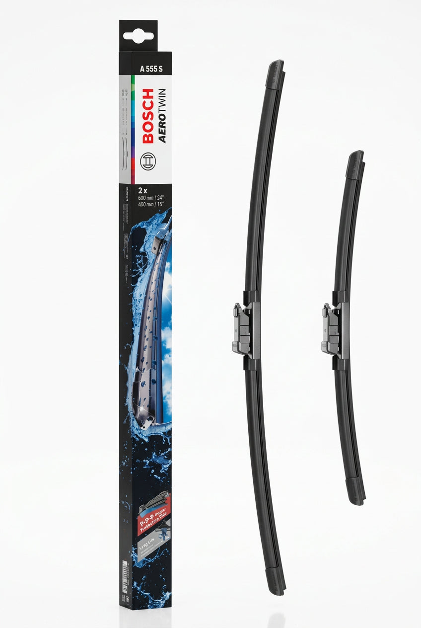Ambalaj Bosch Aerotwin A555S alături de două lamele de 600 mm și 400 mm