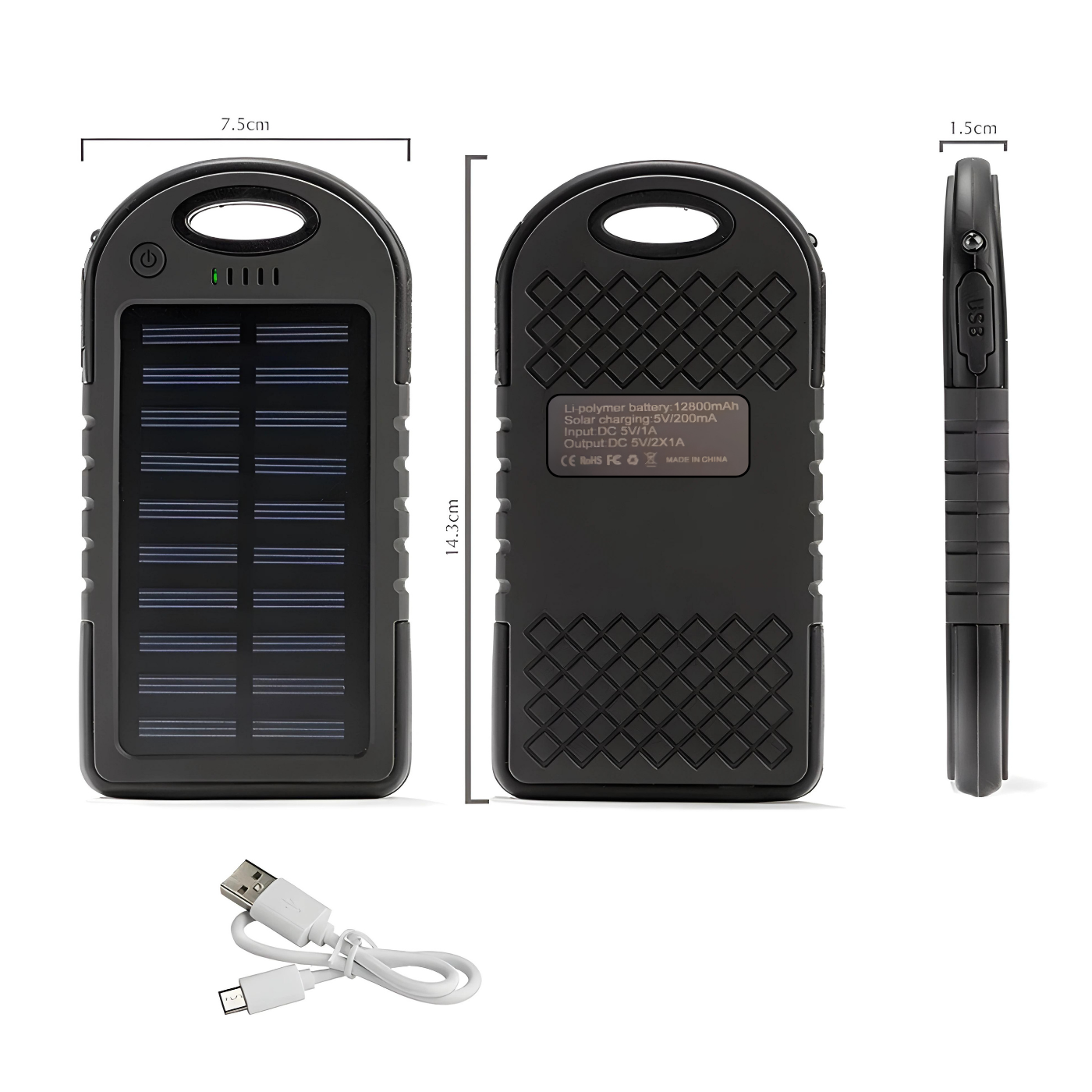 Power Bank Solar vedere fașă,verso,lateral dimensiuni și cablu usb