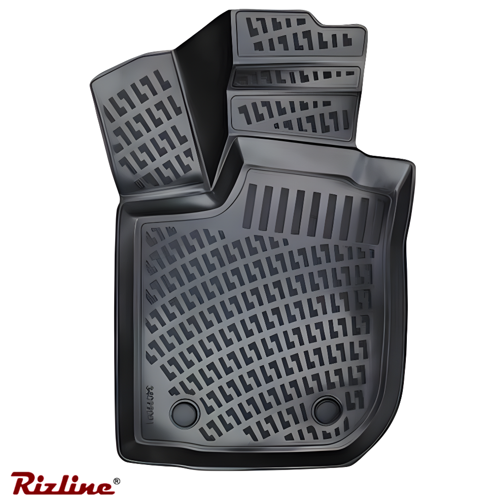 Covoraș auto negru cu model texturat pe fundal alb, cu sigla Rizline.