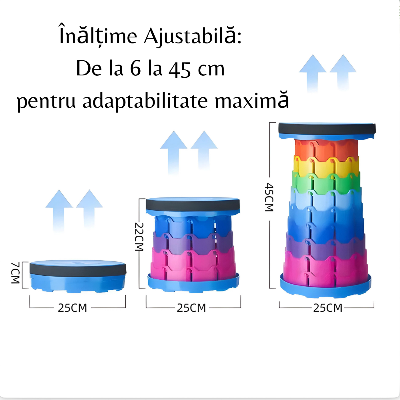 scaunul pliant are inălțime ajustabilă de la 6 la 45 cm inălțime