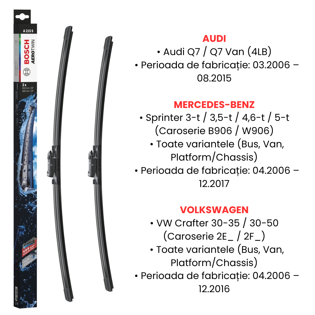 Set Bosch Aerotwin A215S 650 și 600 mm, aplicații compatibile