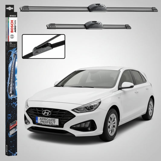 Set 2 Ștergătoare Parbriz Bosch Aerotwin Retrofit AR653S pentru Hyundai i30 PDE (2016–Prezent) – 650 mm + 400 mm | Prindere Tip Cârlig (J-Hook)