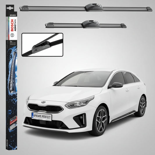 Set 2 Ștergătoare Parbriz Bosch Aerotwin Retrofit AR653S pentru Kia Proceed CD (2018–Prezent) – 650 mm + 400 mm | Prindere Tip Cârlig (J-Hook)